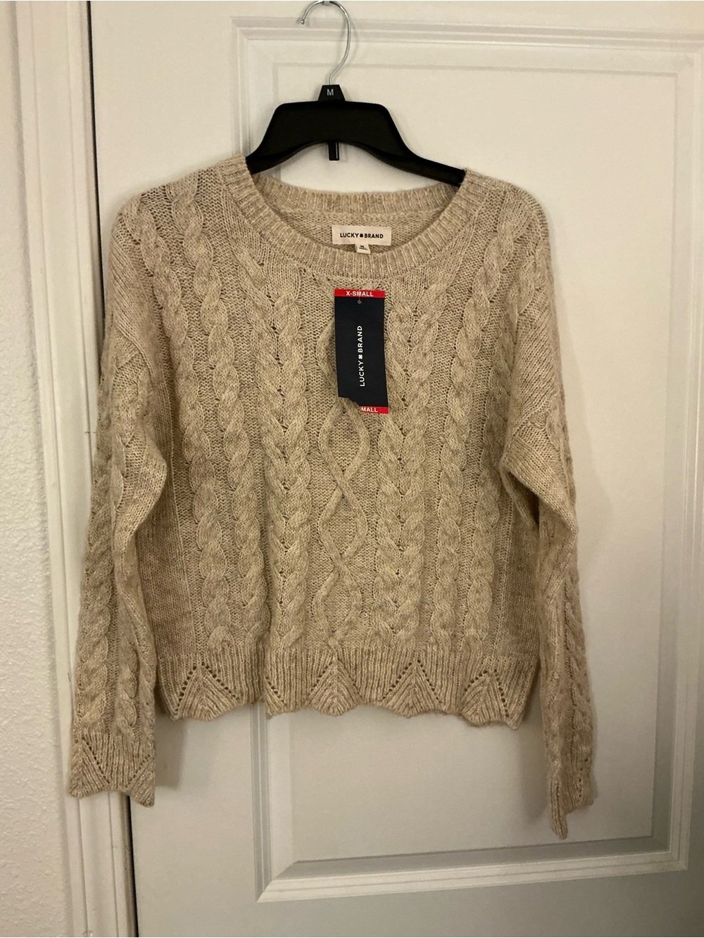 Lucky Brand Womens XS Oatmeal Cable Knit Scalloped Pullover Sweater NWT